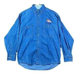 VTG Denver Broncos Denim Button Down Shirt Medium Long Sleeve Made Hong Kong
